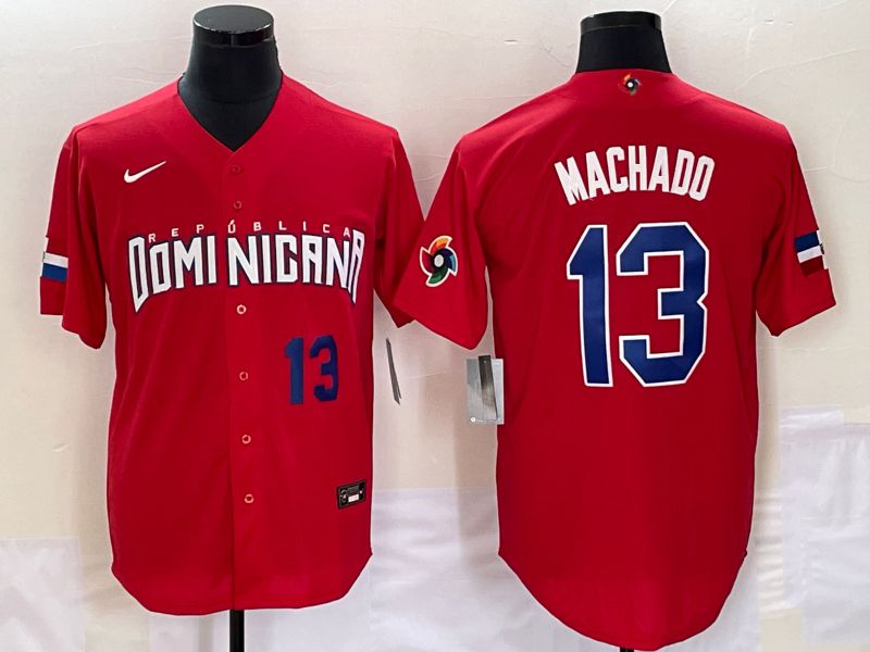 Men 2023 World Cub Dominicana #13 Machado Red Nike MLB Jersey